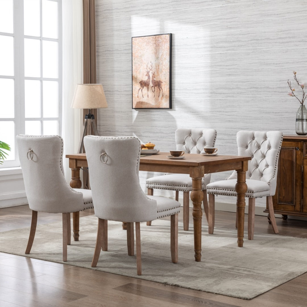 6x AADEN Modern Elegant Button-Tufted Upholstered Linen Fabric with Studs Trim and Wooden legs Dining Side Chair-Beige