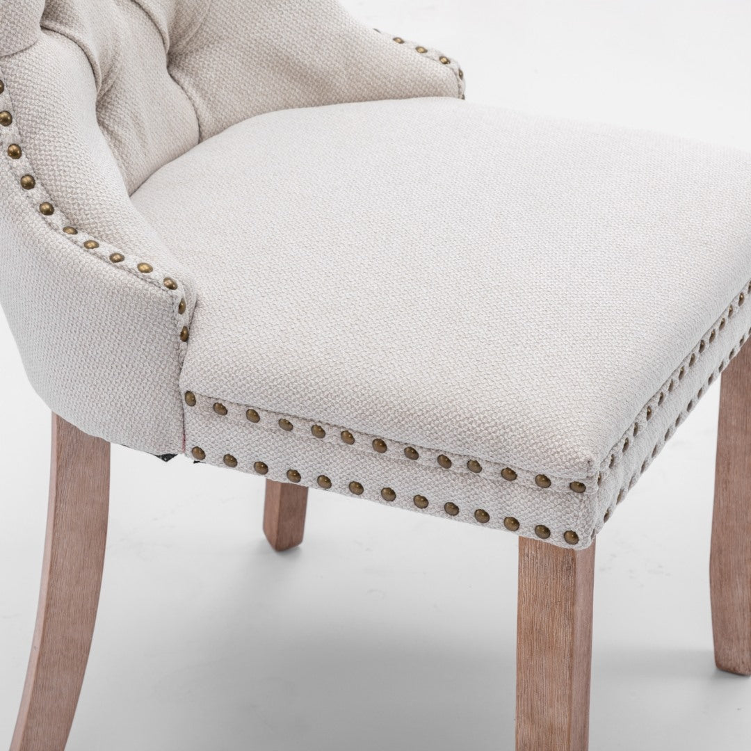 AADEN Modern Elegant Button-Tufted Upholstered Linen Fabric with Studs Trim and Wooden legs Dining Side Chair-Beige