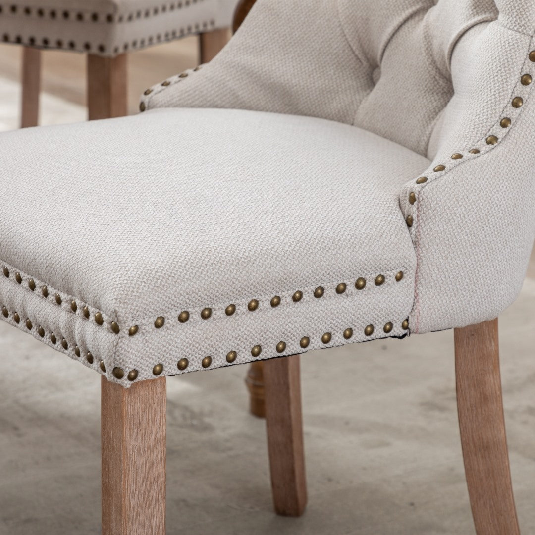 6x AADEN Modern Elegant Button-Tufted Upholstered Linen Fabric with Studs Trim and Wooden legs Dining Side Chair-Beige