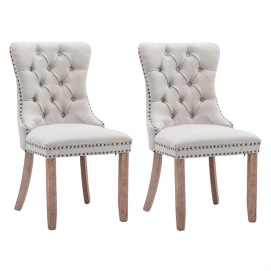 8x AADEN Modern Elegant Button-Tufted Upholstered Linen Fabric with Studs Trim and Wooden legs Dining Side Chair-Beige