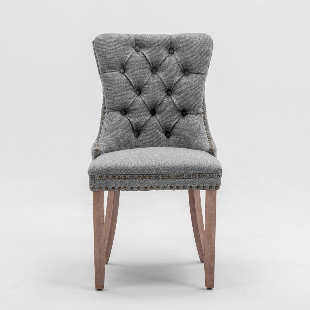 AADEN Modern Elegant Button-Tufted Upholstered Linen Fabric with Studs Trim and Wooden legs Dining Side Chair-Gray