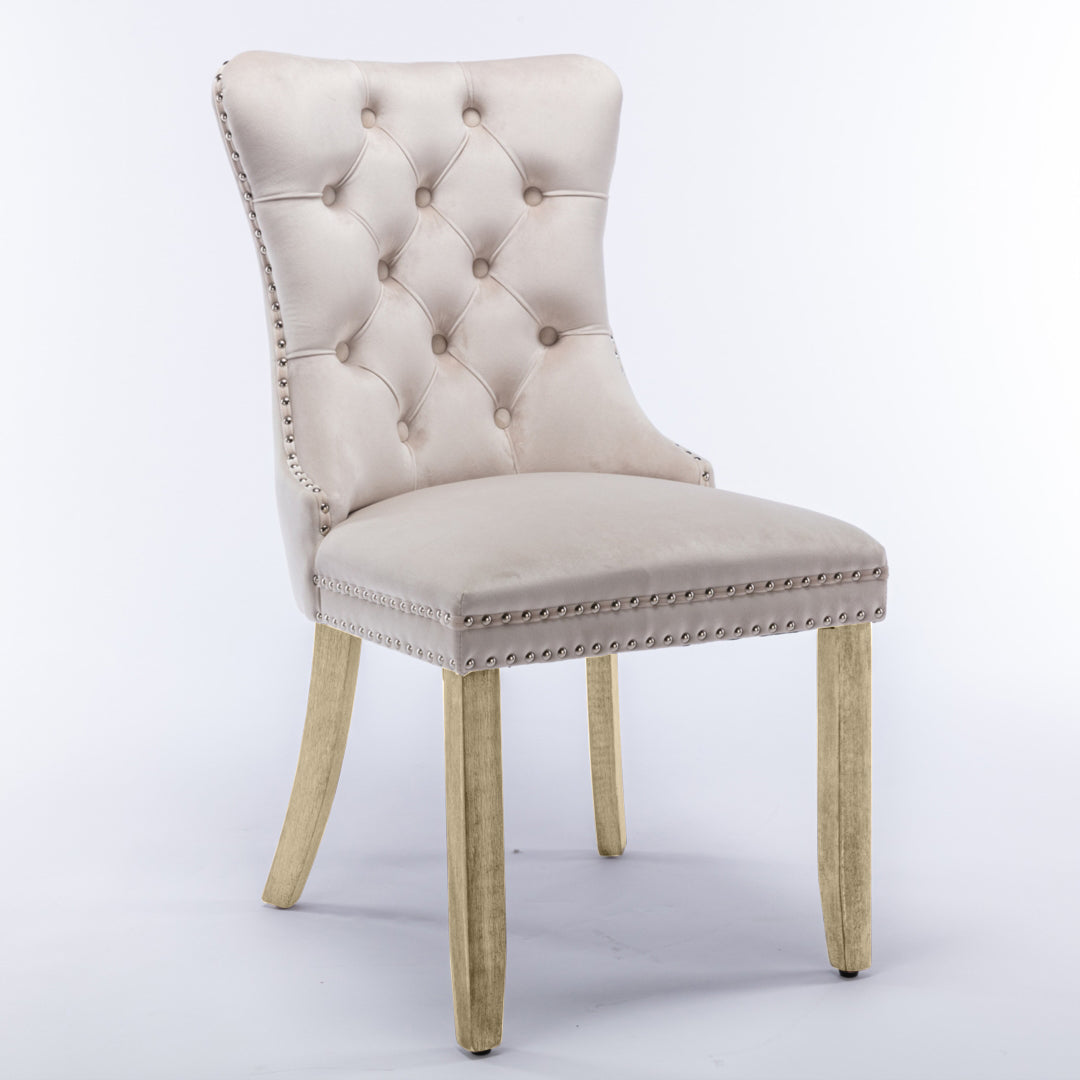 2x Velvet Dining Chairs Upholstered Tufted Kithcen Chair with Solid Wood Legs Stud Trim and Ring-Beige