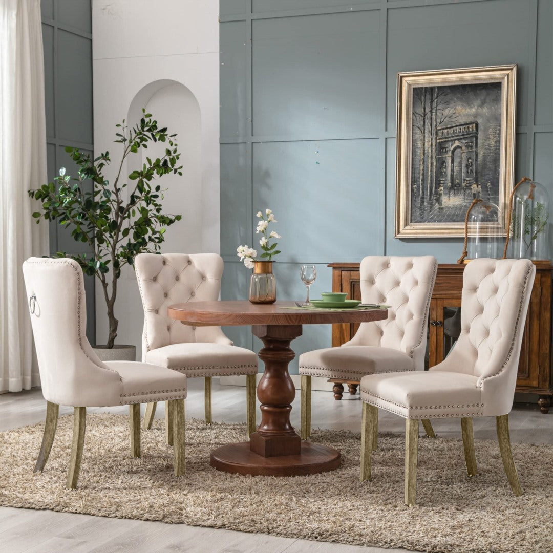 2x Velvet Dining Chairs Upholstered Tufted Kithcen Chair with Solid Wood Legs Stud Trim and Ring-Beige