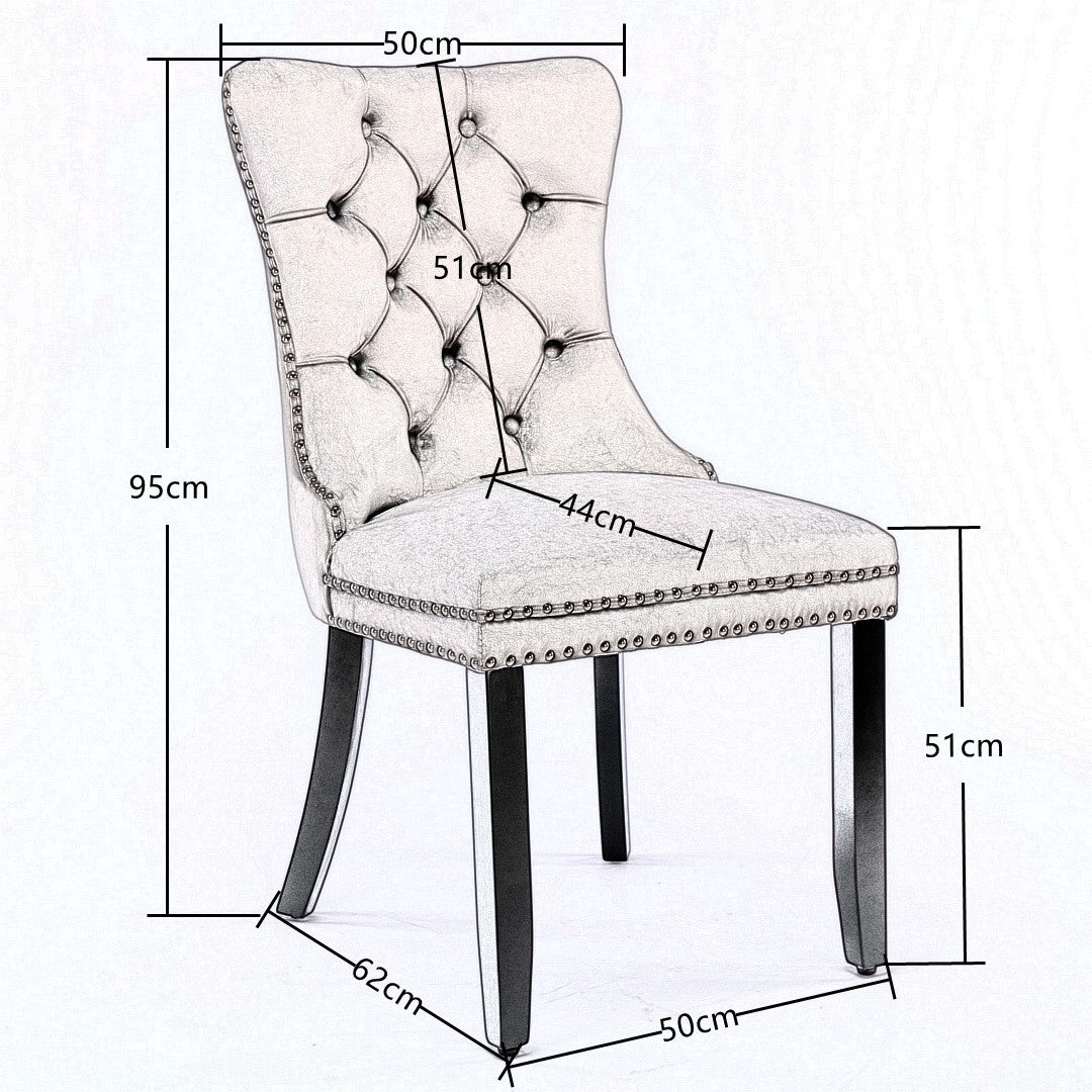 2x Velvet Dining Chairs Upholstered Tufted Kithcen Chair with Solid Wood Legs Stud Trim and Ring-Gray