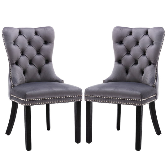 2x Velvet Dining Chairs Upholstered Tufted Kithcen Chair with Solid Wood Legs Stud Trim and Ring-Gray