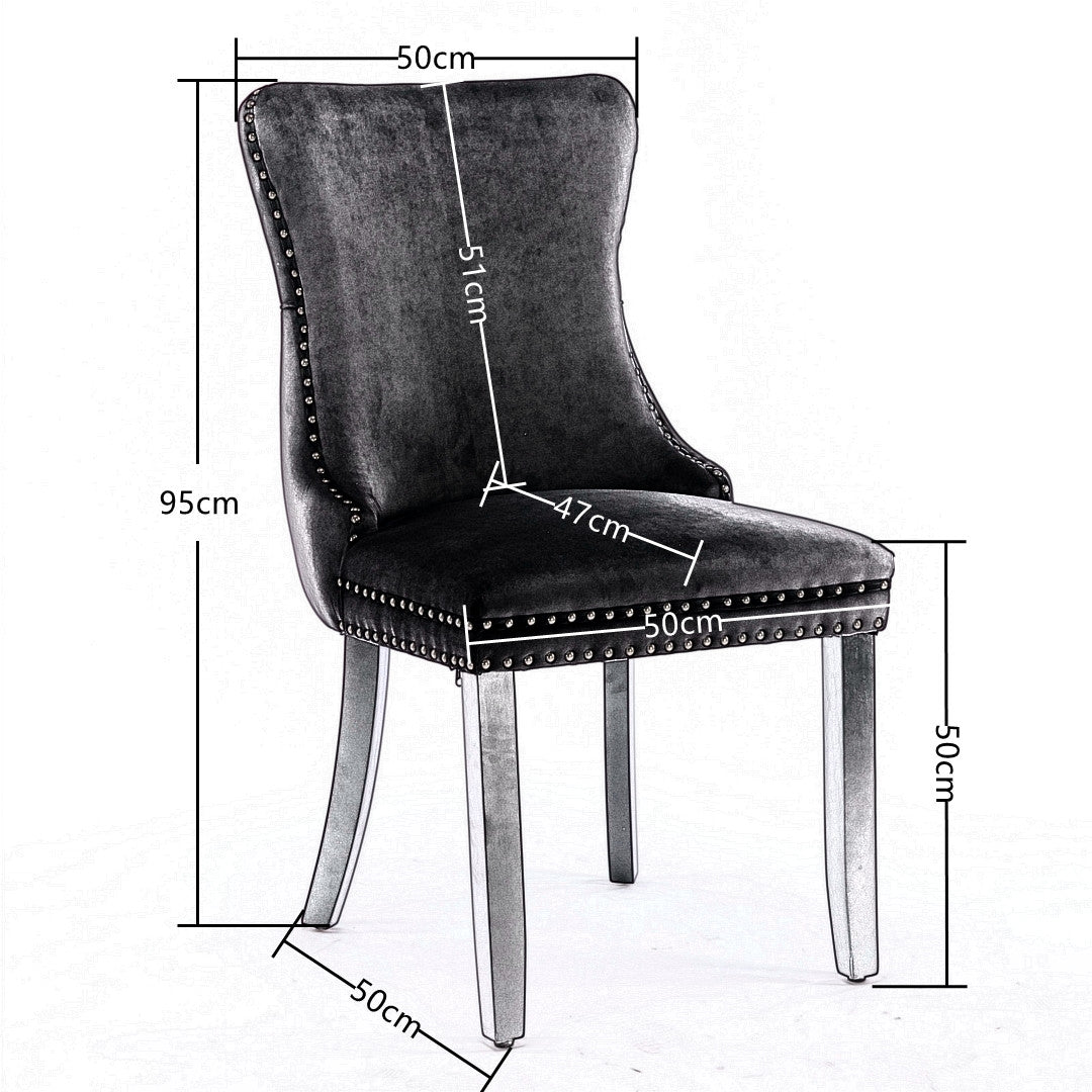 6x Velvet Upholstered Dining Chairs Tufted Wingback Side Chair with Studs Trim Solid Wood Legs for Kitchen