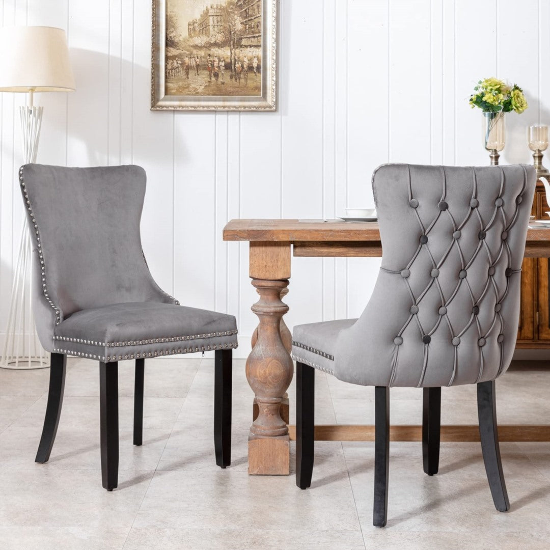 8x Velvet Upholstered Dining Chairs Tufted Wingback Side Chair with Studs Trim Solid Wood Legs for Kitchen