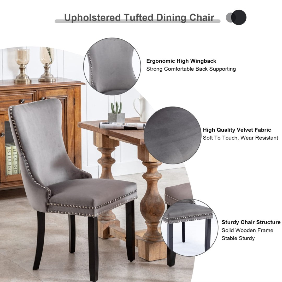 8x Velvet Upholstered Dining Chairs Tufted Wingback Side Chair with Studs Trim Solid Wood Legs for Kitchen