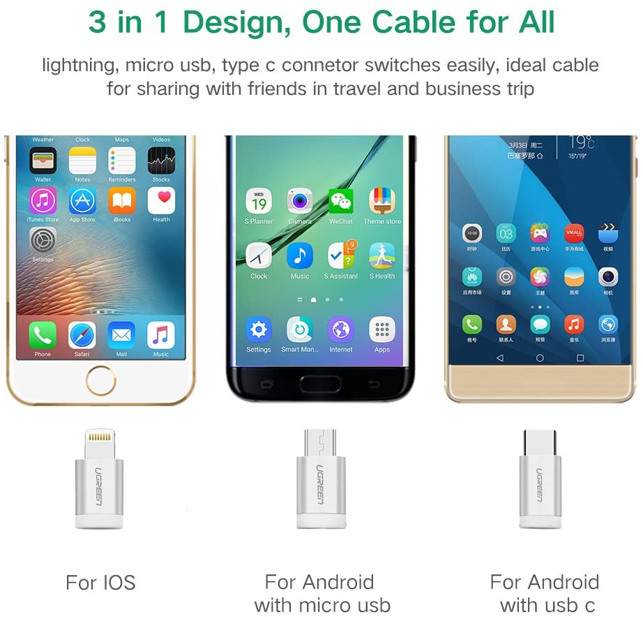 UGREEN USB-A To Micro USB++Type C (3 in 1) Cable (Silver, 1m) - 80825