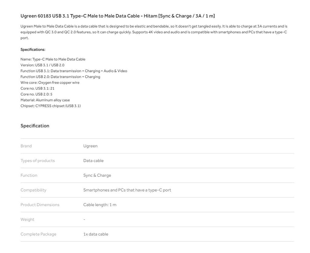 UGREEN USB 3.1 Type-C M/M Gen1 3A Data Cable 1m - 60183