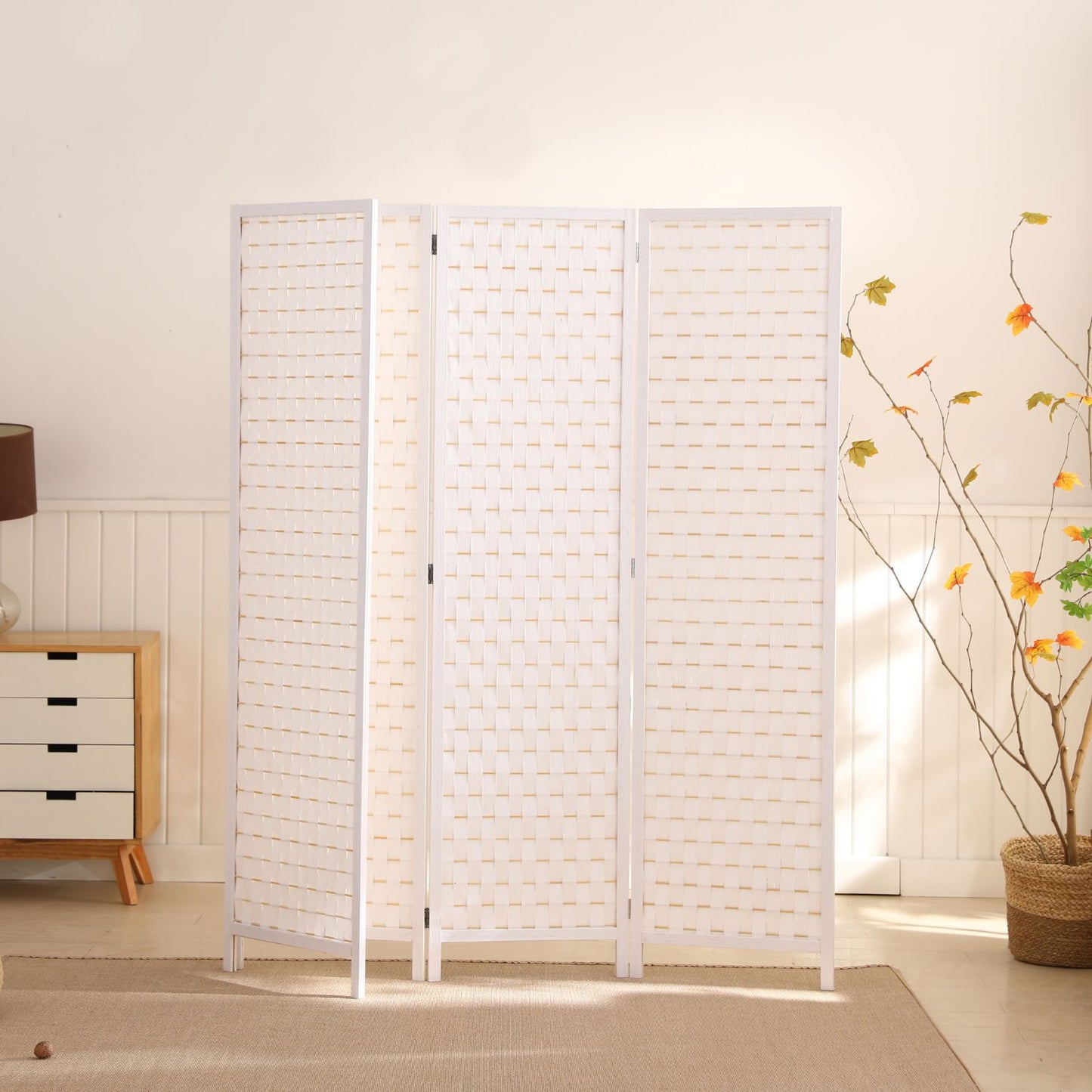 EKKIO 4-Panel Pine Wood Room Divider (White) EK-RD-101-SD