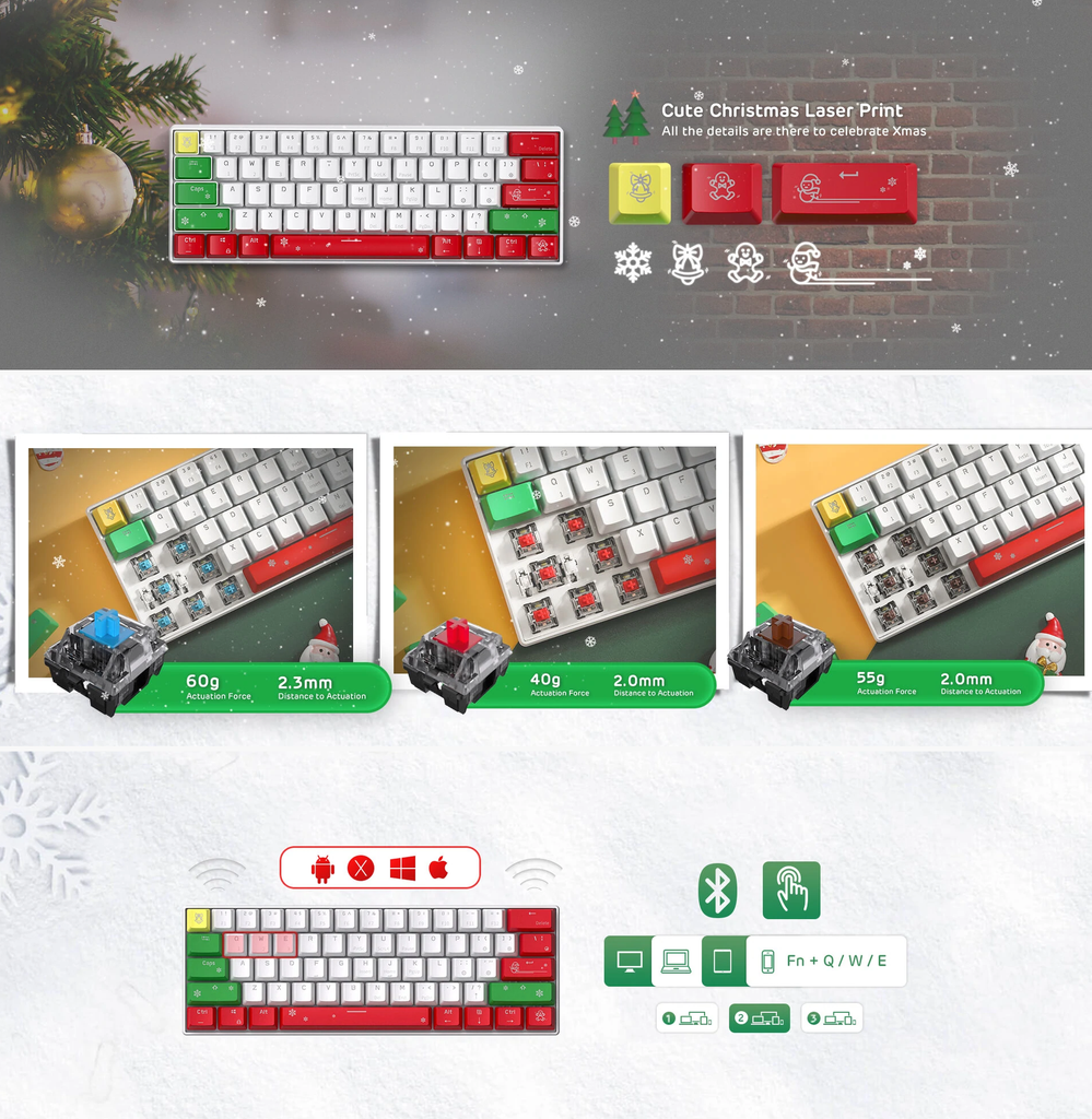 Royal Kludge RK61 Christmas Tri Mode Hot Swappable RGB Mechanical Keyboard (Brown Switch)