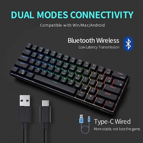 Royal Kludge RK61 Wired Dual Mode Hot Swappable Mechanical Keyboard Black (Red Switch)