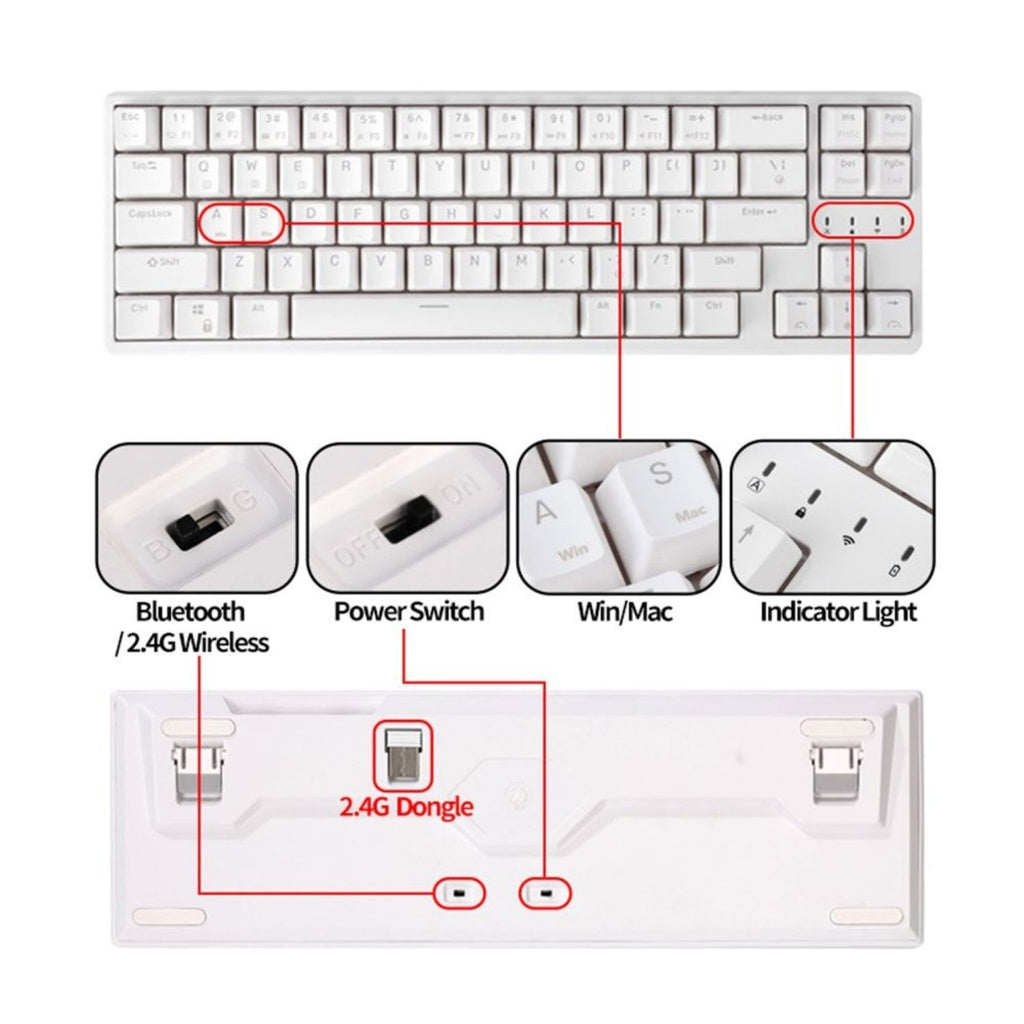 Royal Kludge RK871 (RK68 PLUS) Wired Tri Mode Bluetooth RGB Hot Swappable Mechanical Keyboard White (Red Switch)