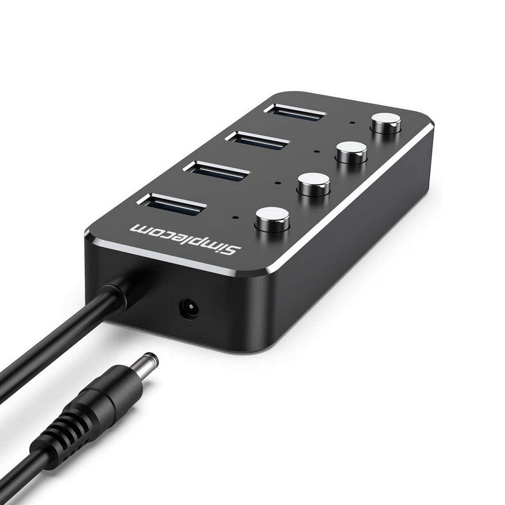 Simplecom Aluminium 4-Port USB 3.0 Hub with Individual Switches and Power Adapter CH345PS