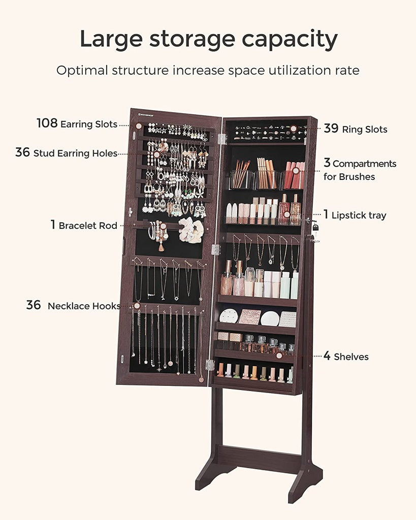 SONGMICS Jewelry Cabinet Armoire with Full-Length Frameless Mirror Brown JJC002K01