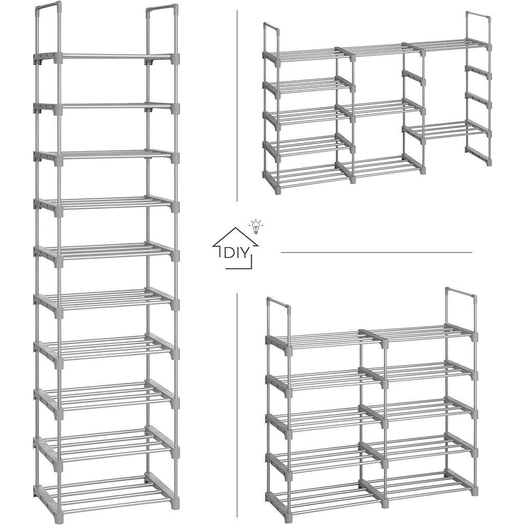 SONGMICS 10-Tier Metal Shoe Rack Customizable Design Grey