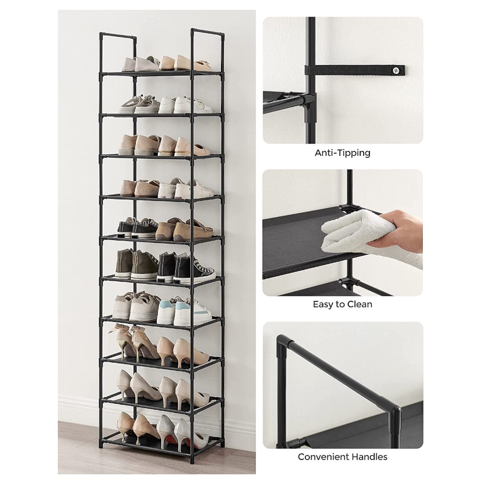 SONGMICS 10 Tier Metal Shoe Rack Non-Woven Fabric Shelves Black LSH010B02