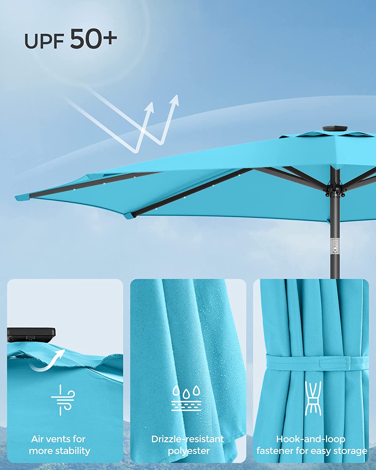 SONGMICS 2.7m Solar Lighted Outdoor Patio Umbrella Lake Blue