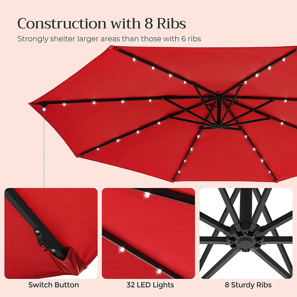 SONGMICS 3m Patio Umbrella with Solar-Powered LED Lights Red