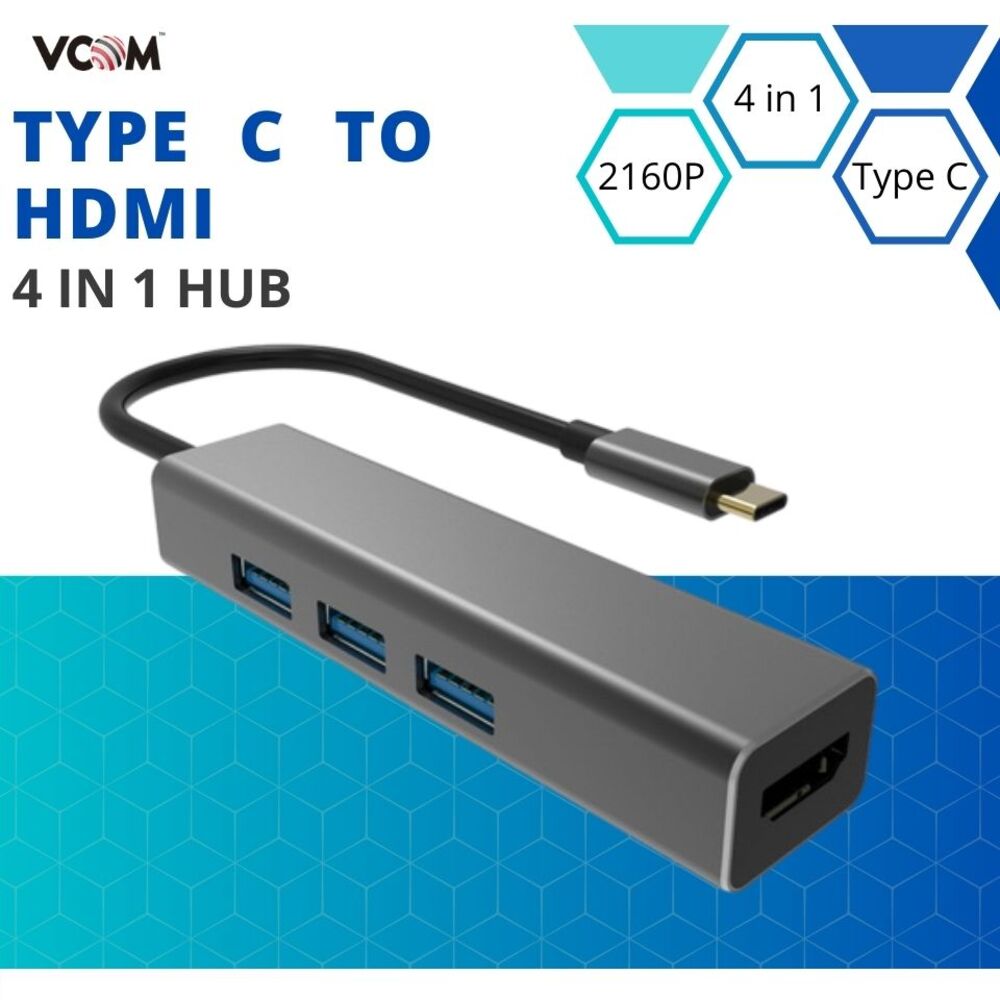 VCOM USB Type C to USB3.0*3+HDMI 4 in 1 Hub (Aluminium Shell) - DH318