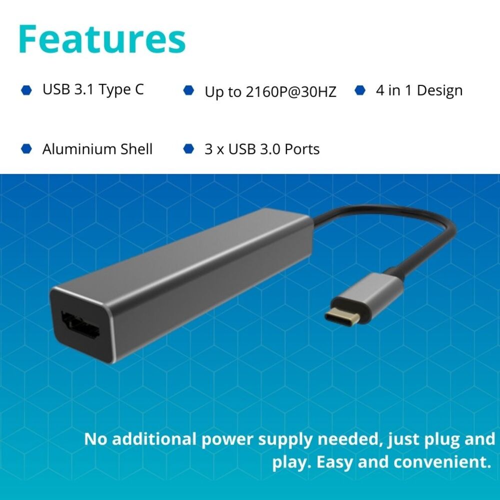 VCOM USB Type C to USB3.0*3+HDMI 4 in 1 Hub (Aluminium Shell) - DH318