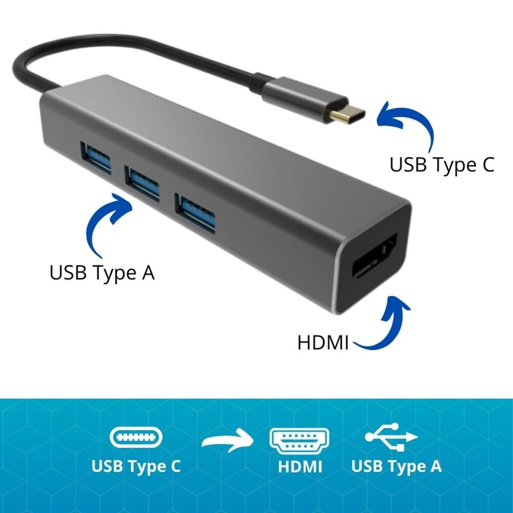 VCOM USB Type C to USB3.0*3+HDMI 4 in 1 Hub (Aluminium Shell) - DH318