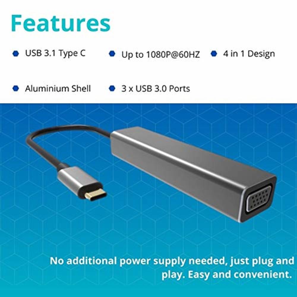 VCOM USB Type C to USB3.0*3+VGA 4 in 1 Hub (Aluminium Shell) - DH319