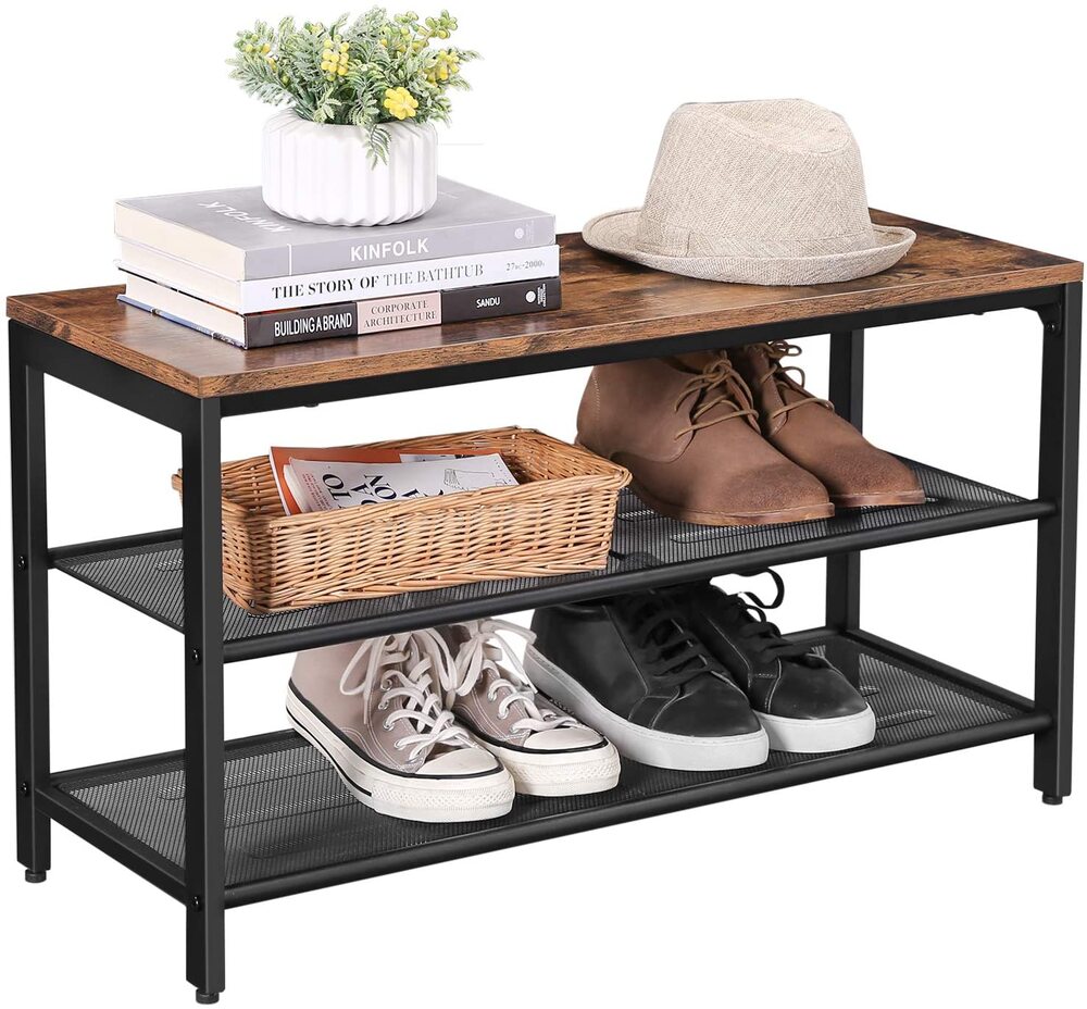 VASAGLE Shoe Bench with Seat Shoe Rack with 2 Mesh Shelves Rustic Brown and Black LBS74X