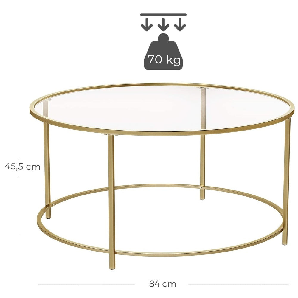 VASAGLE Round Coffee Table Glass Table with Steel Frame Gold LGT21G