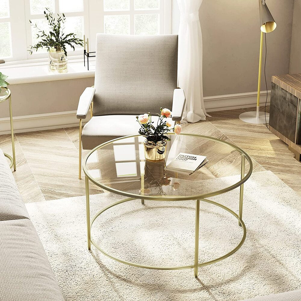 VASAGLE Round Coffee Table Glass Table with Steel Frame Gold LGT21G