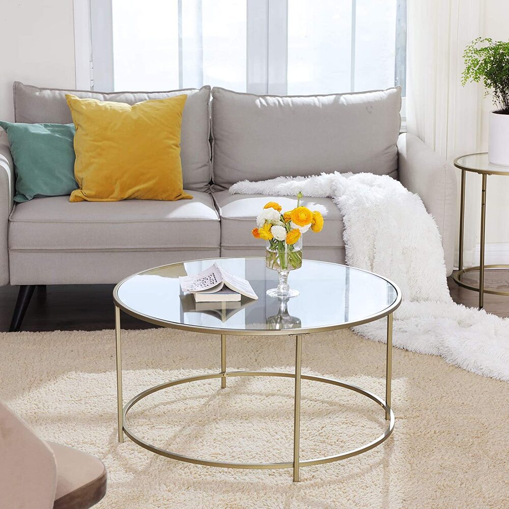 VASAGLE Round Coffee Table Glass Table with Steel Frame Gold LGT21G