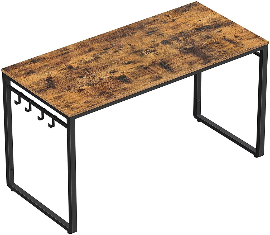 VASAGLE Computer Desk Writing Desk with 8 Hooks Rustic Brown and Black LWD58X