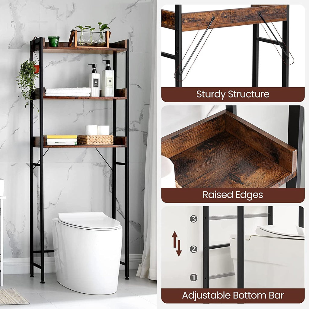 VASAGLE 3-Tier Bathroom Storage Shelf Over Toilet Organizer Rustic Brown and Black