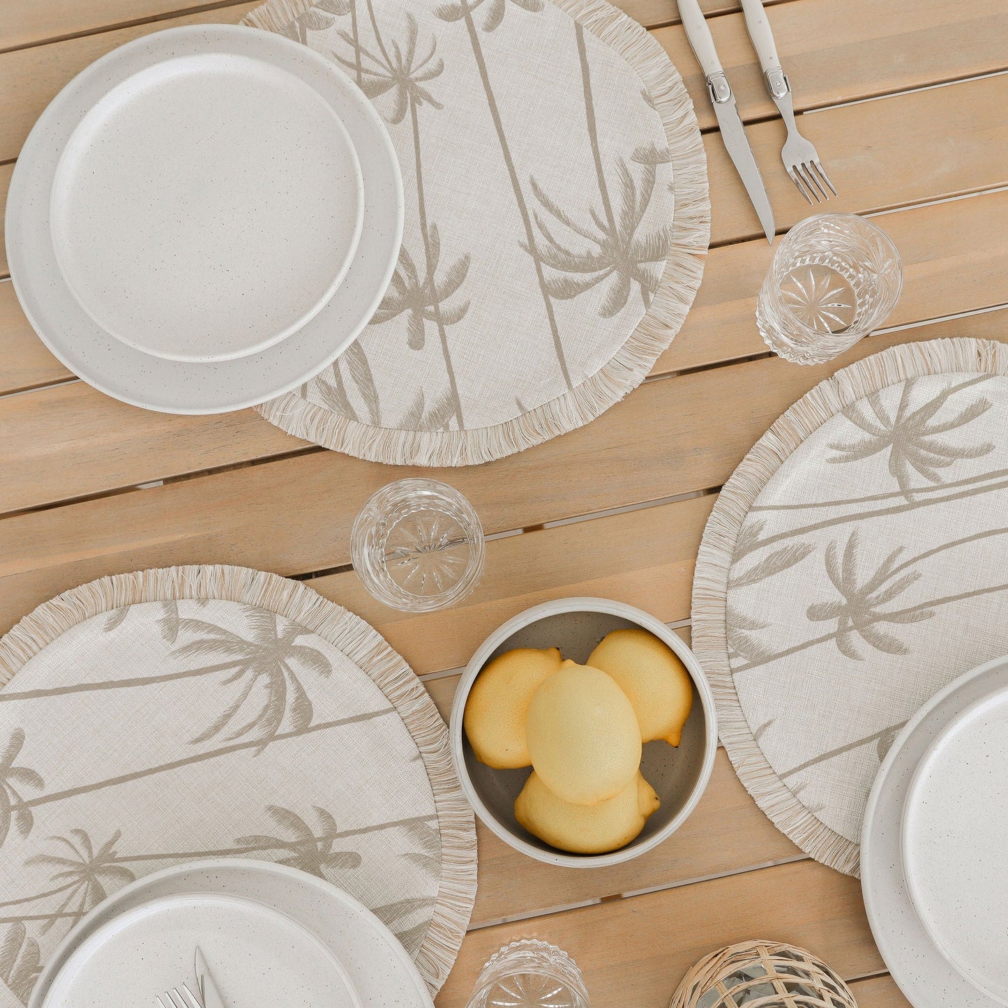 Round Placemat-Coastal Fringe-Tall Palms-Beige-40cm