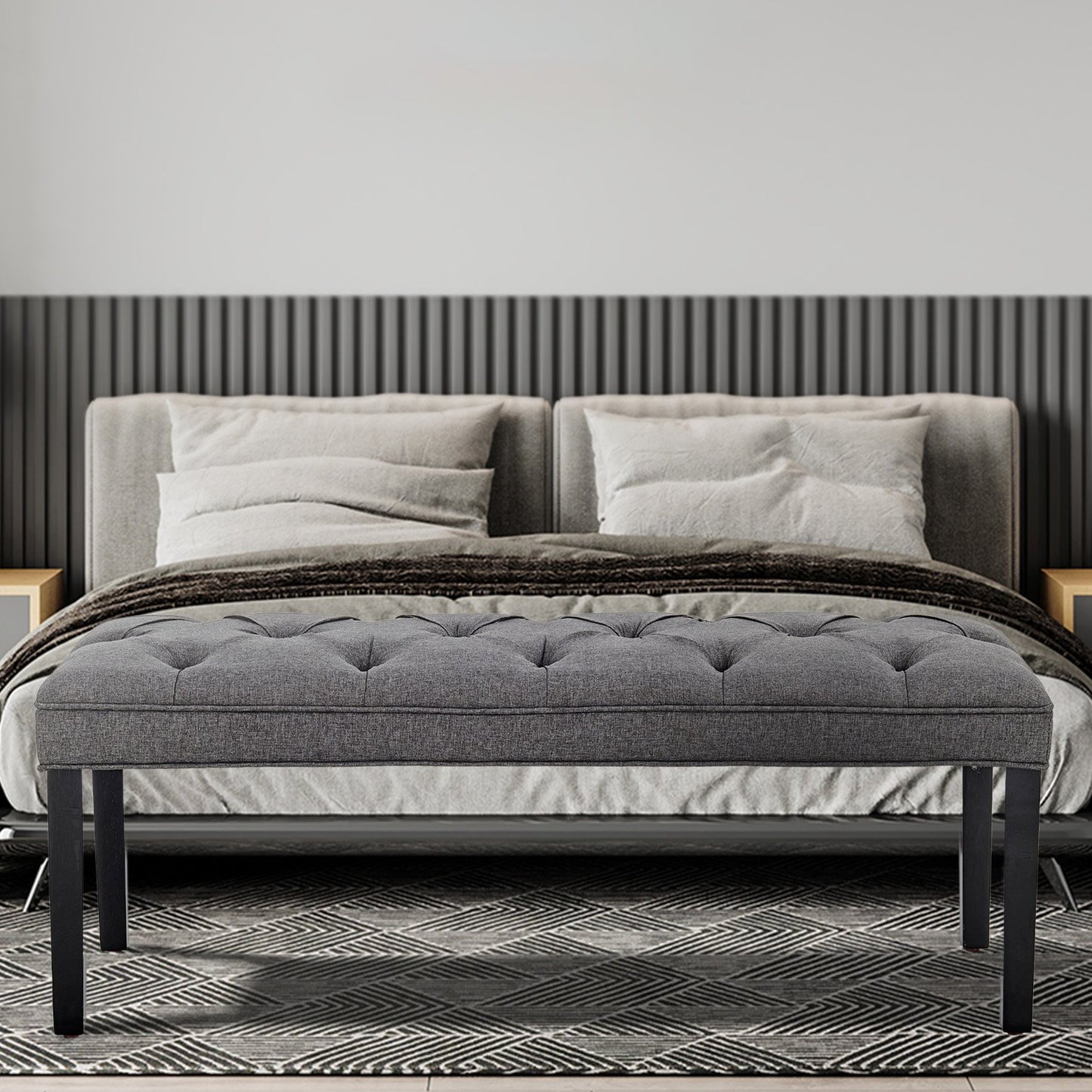 Sarantino Cate Button-tufted Upholstered Bench With Tapered Legs - Dark Grey Linen