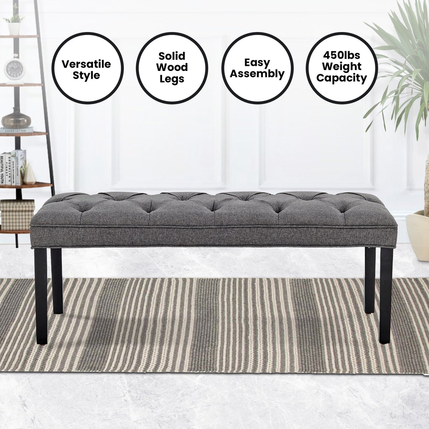 Sarantino Cate Button-tufted Upholstered Bench With Tapered Legs - Dark Grey Linen