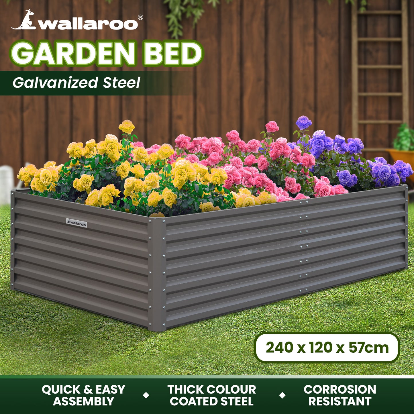 Wallaroo Garden Bed 240 x 120 x 57cm Galvanized Steel - Grey