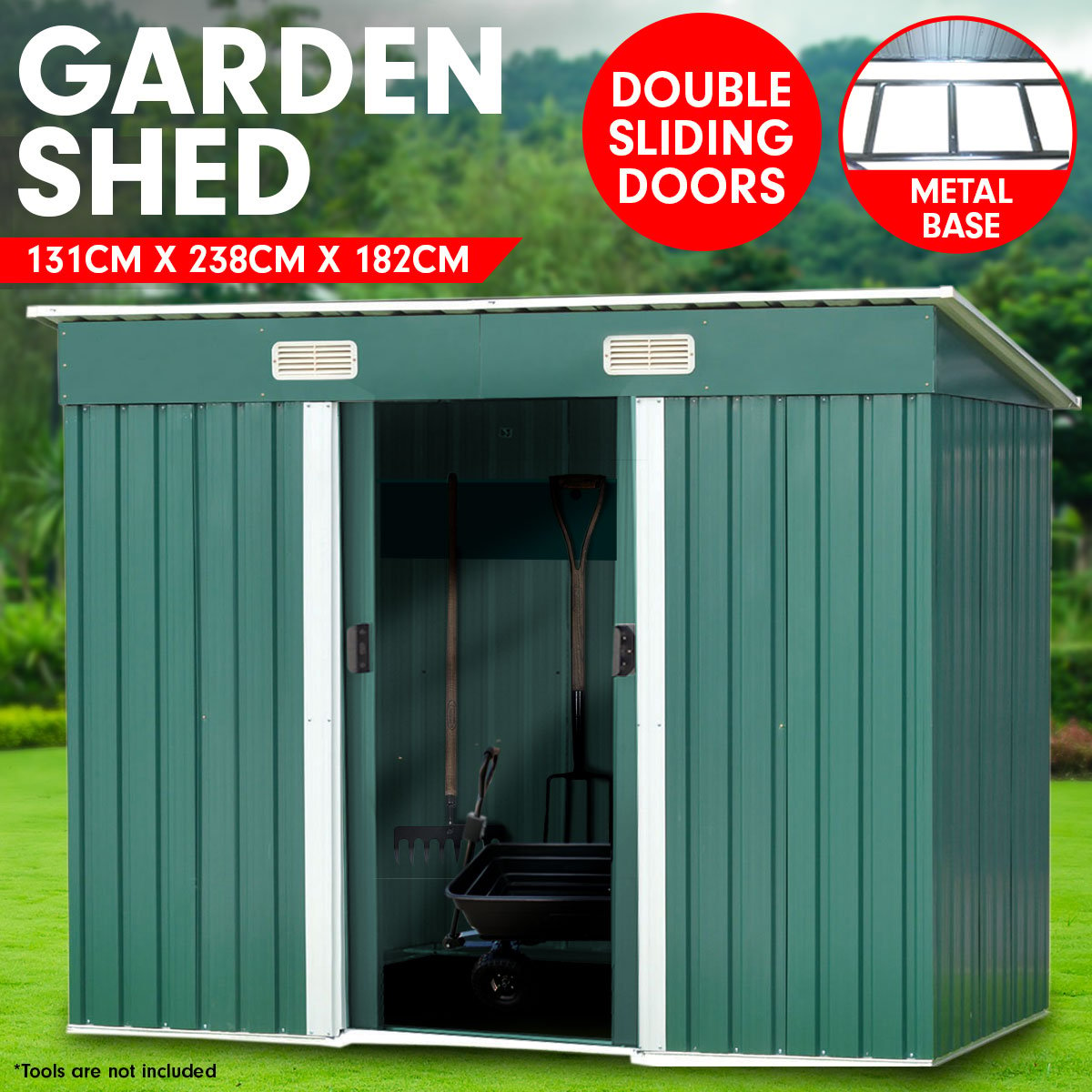 Wallaroo 4ft x 8ft Garden Shed with Base Flat Roof Outdoor Storage - Green