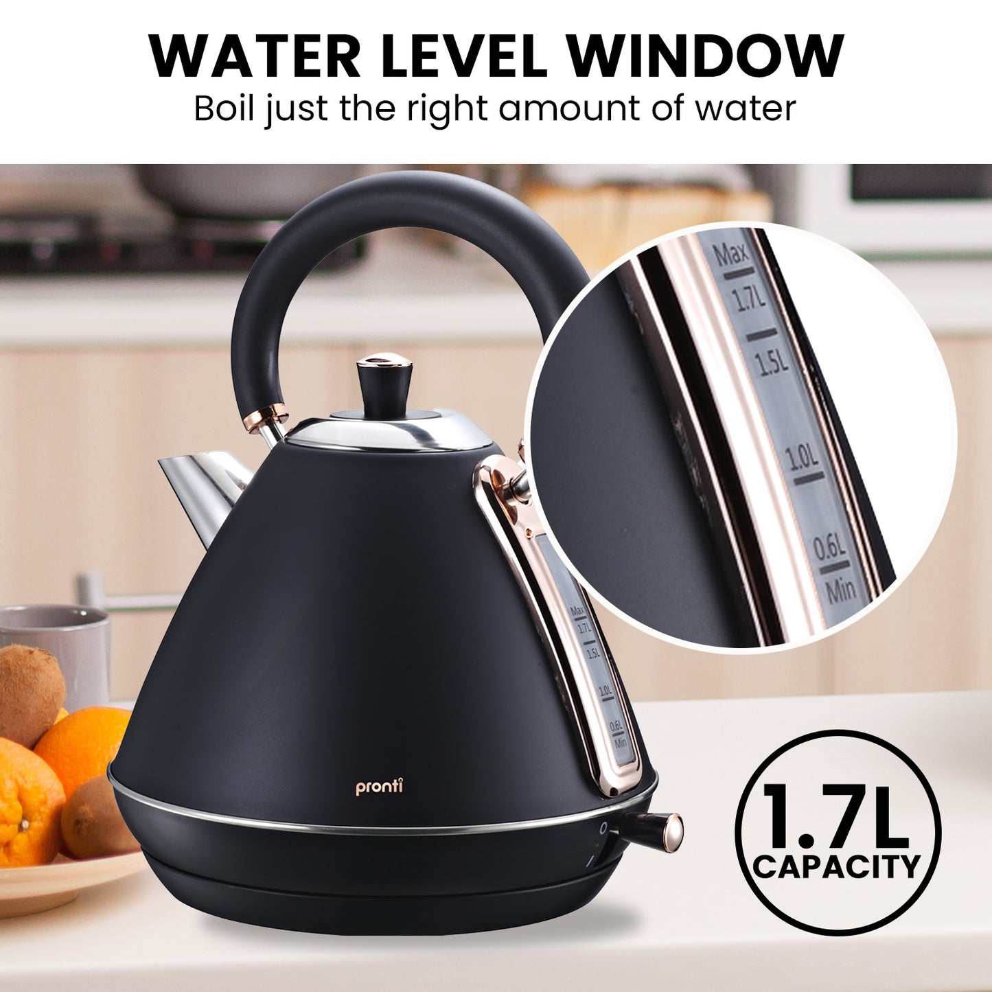 Pronti 1.7L Rose Trim Collection Kettle - Black