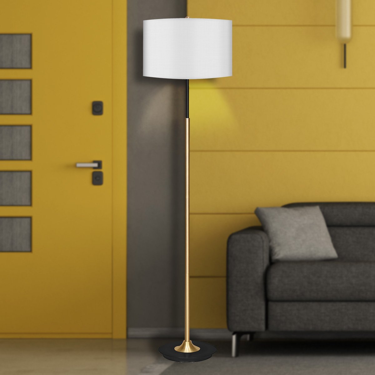 Sarantino Metal Floor Lamp Brushed Brass Finish with White Shade