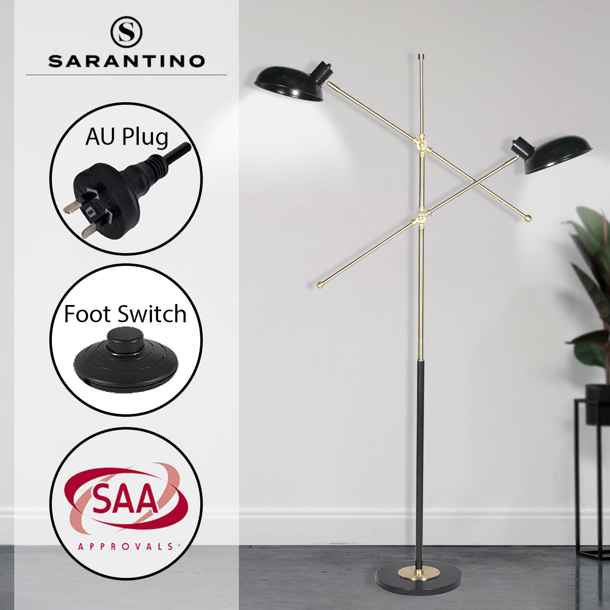 Sarantino Adjustable Two Light Lamp Black and Gold Finish