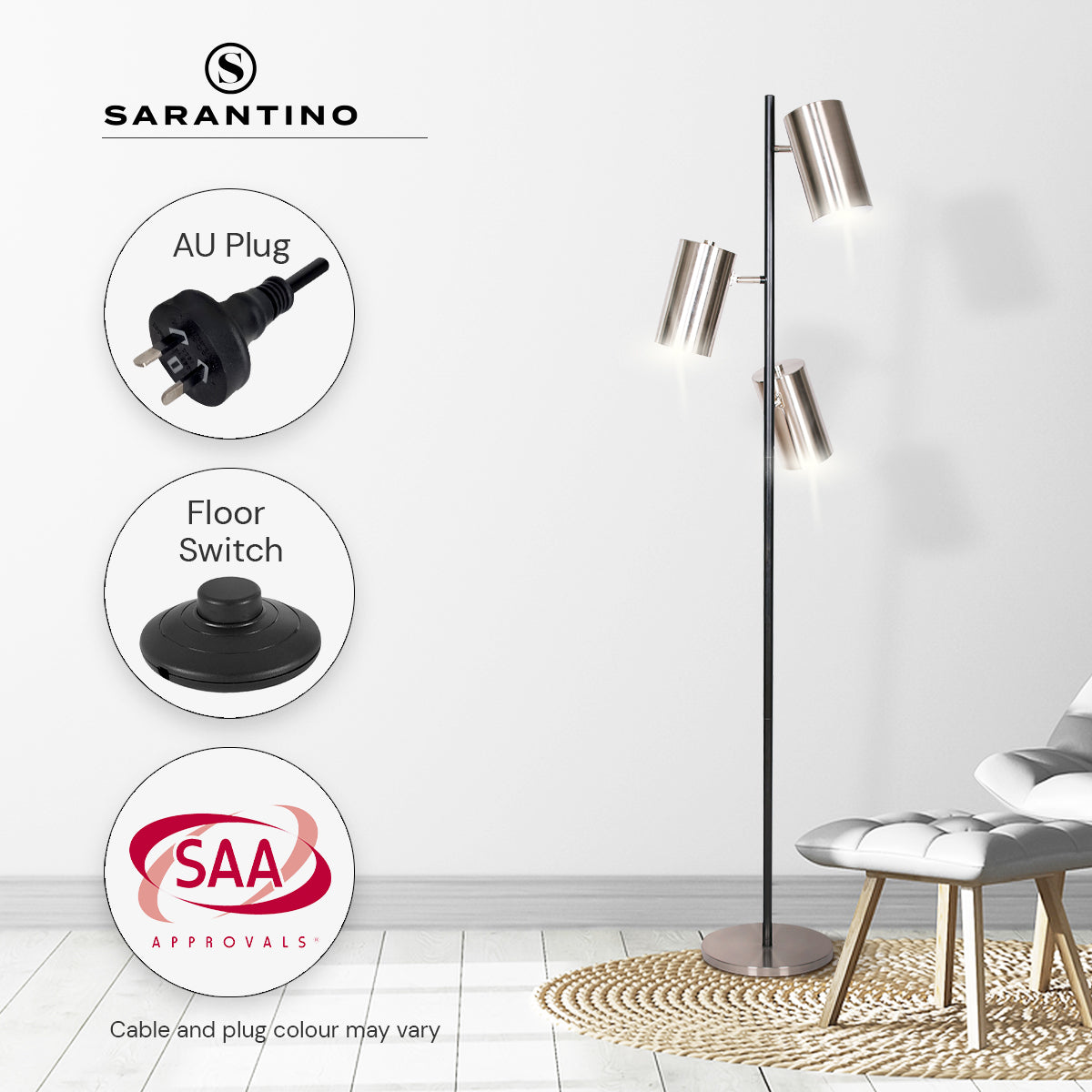 Sarantino 3-Shade Metal Floor Lamp Nickel & Matte Black Finish