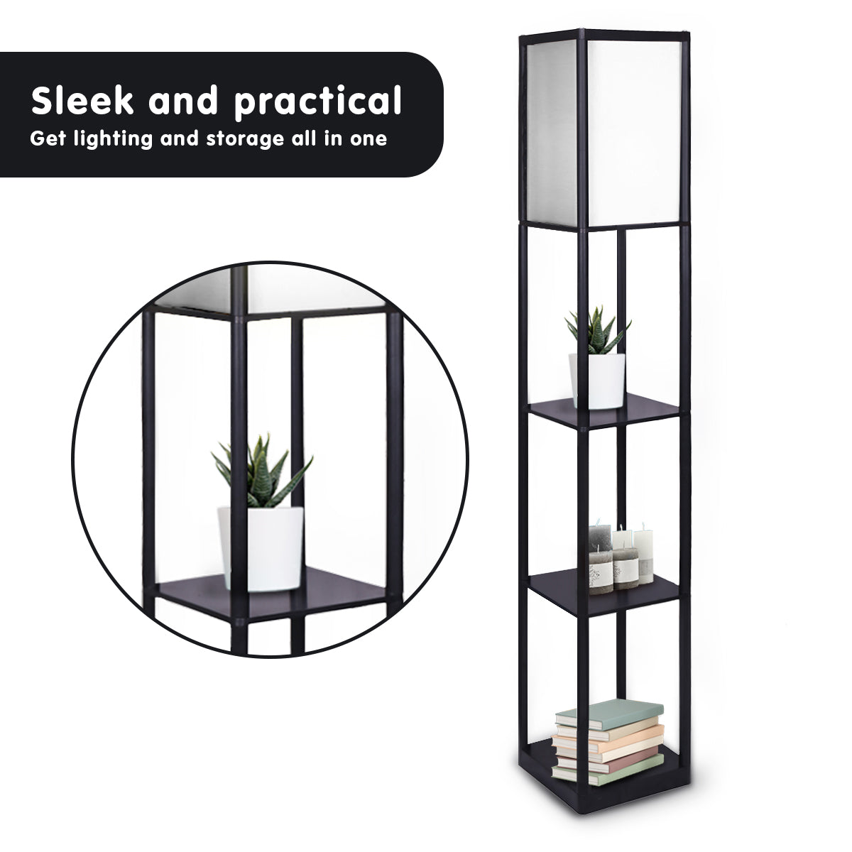 Sarantino Etagere Floor Lamp Shelves in Black Frame Fabric Shade