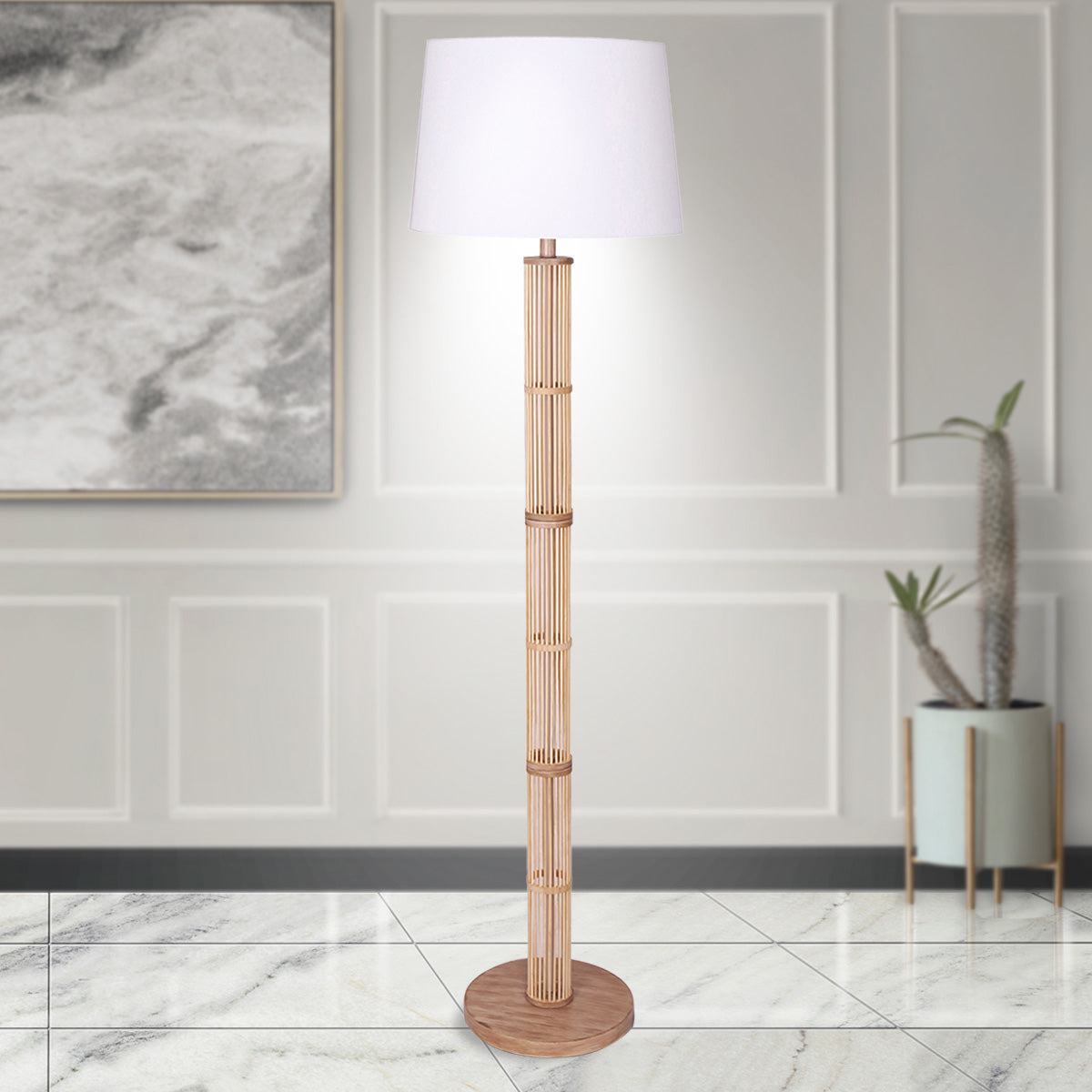 Sarantino Rattan Floor Lamp With Off-White Linen Shade by Sarantino