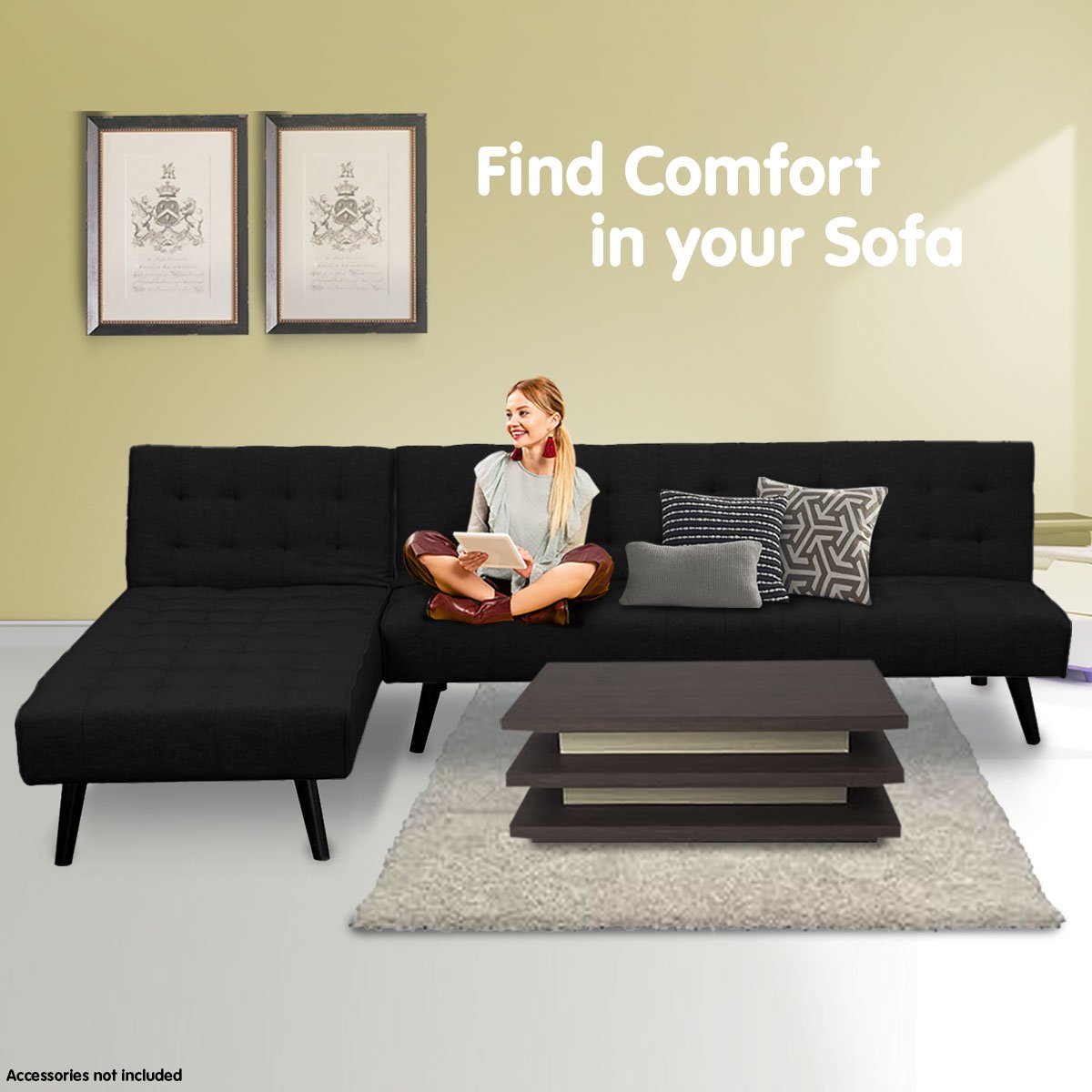 Sarantino 3-seater Corner Sofa Bed With Lounge Chaise Couch Furniture Black