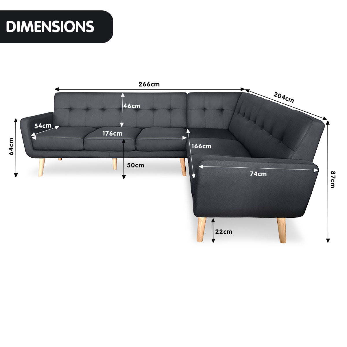 Sarantino Faux Linen Corner Wooden Sofa Lounge L-shaped with Chaise - Black