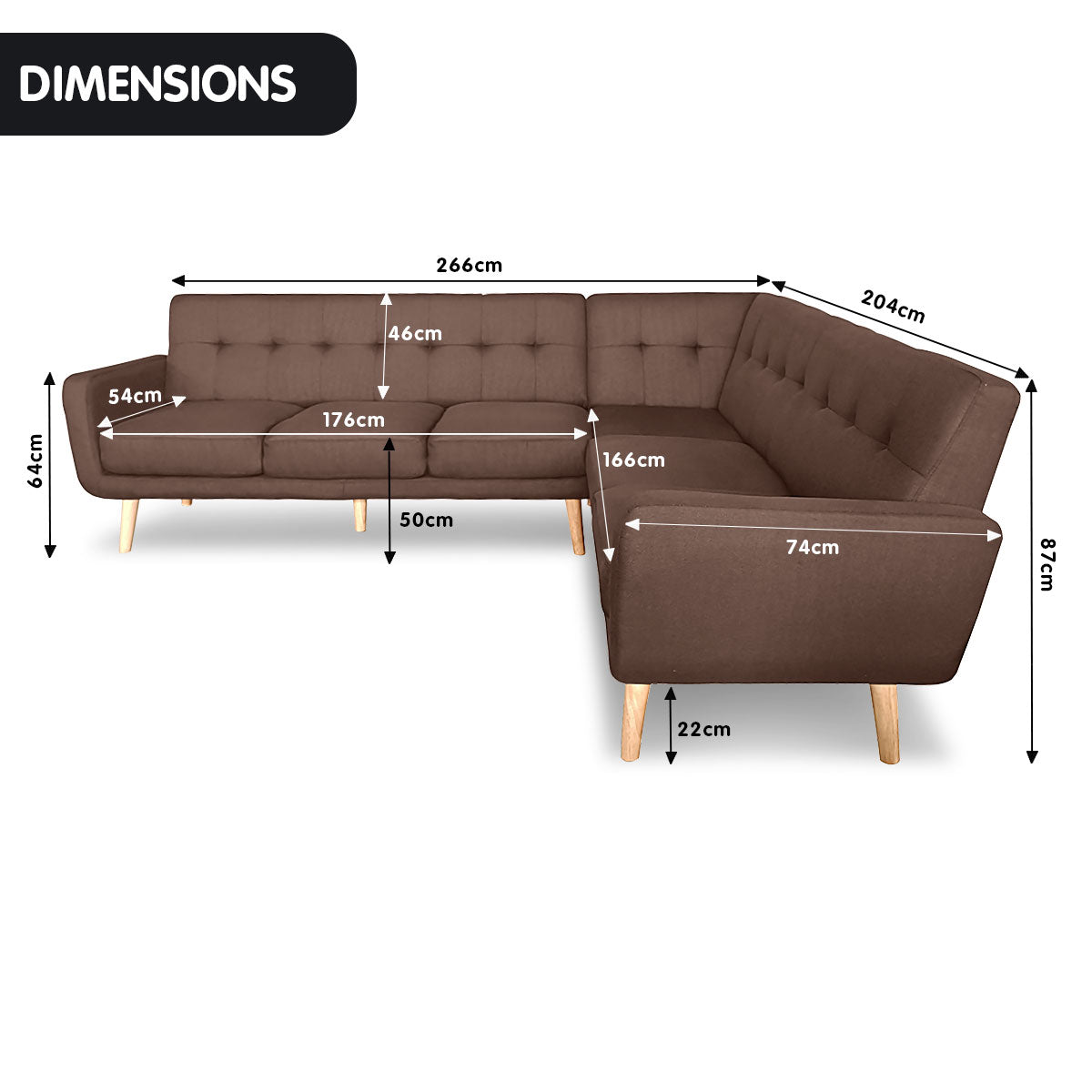 Sarantino Faux Linen Corner Wooden Sofa Lounge L-shaped with Chaise - Brown