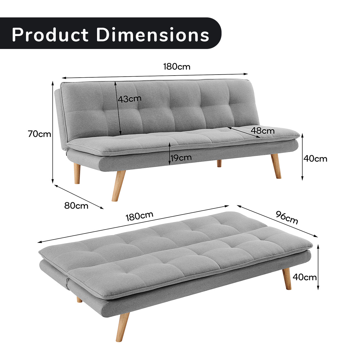 Sarantino 3 Seater Linen Couch Sofa Bed Lounge Futon - Light Grey