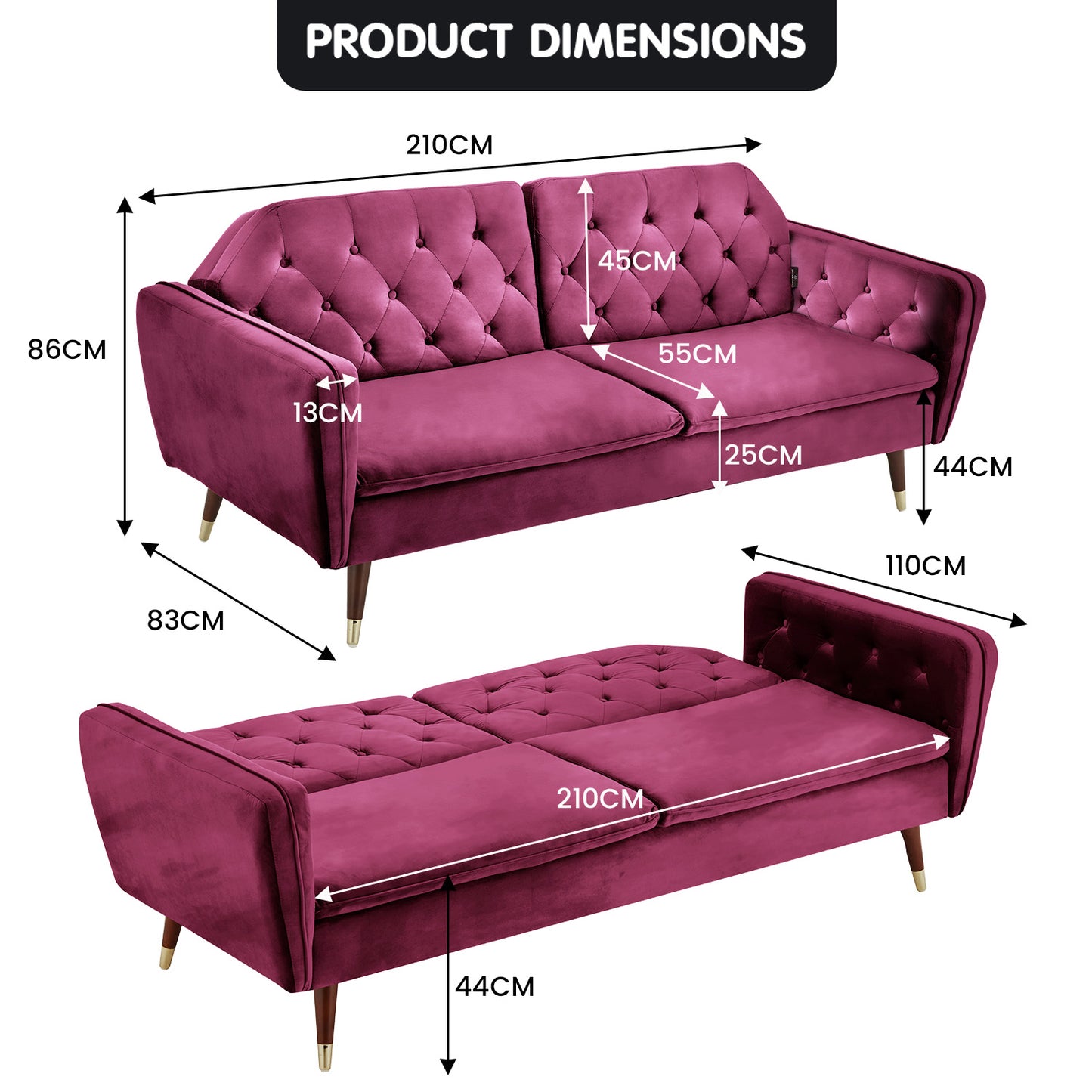 Sarantino Faux Velvet Tufted Sofa Bed Couch Futon - Burgundy